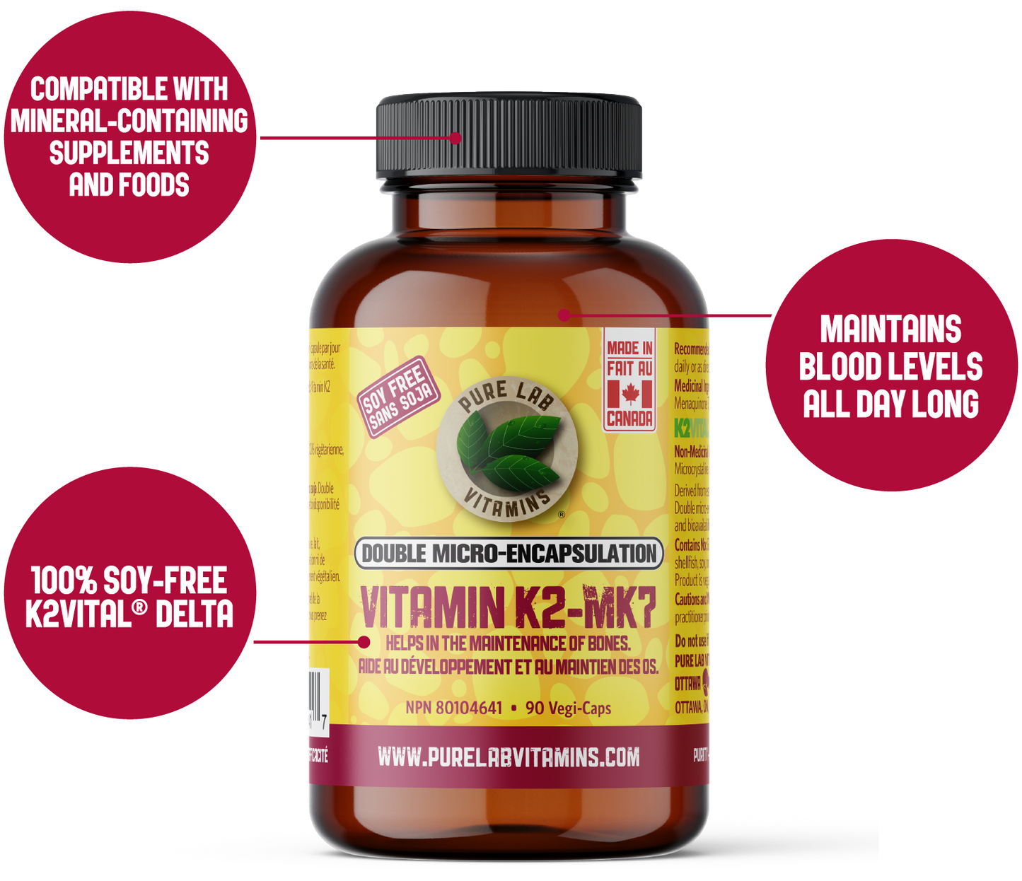 Vitamin K2-MK7 supplement bottle with text highlighting features on a white background