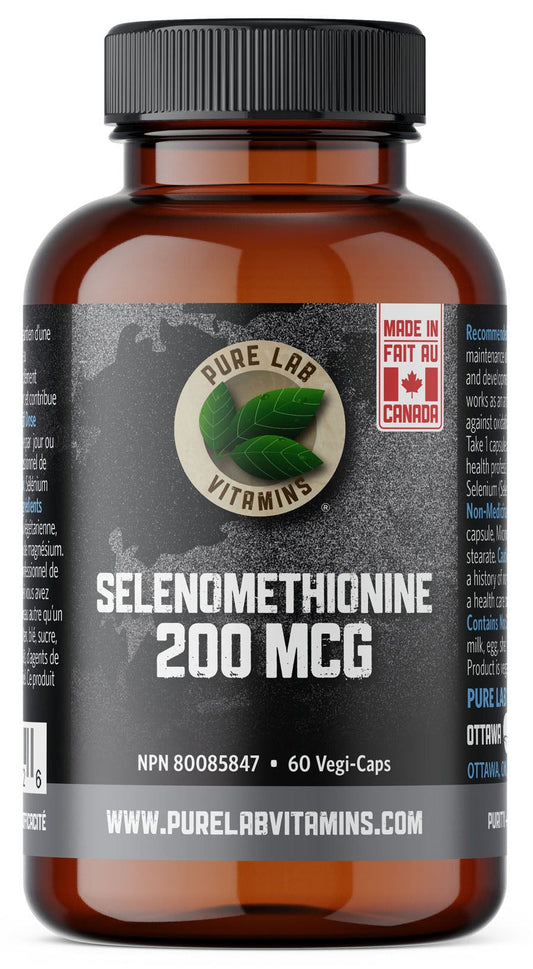 Bottle of Pure Lab Vitamins Selendmethionine 200 MCG on a white background