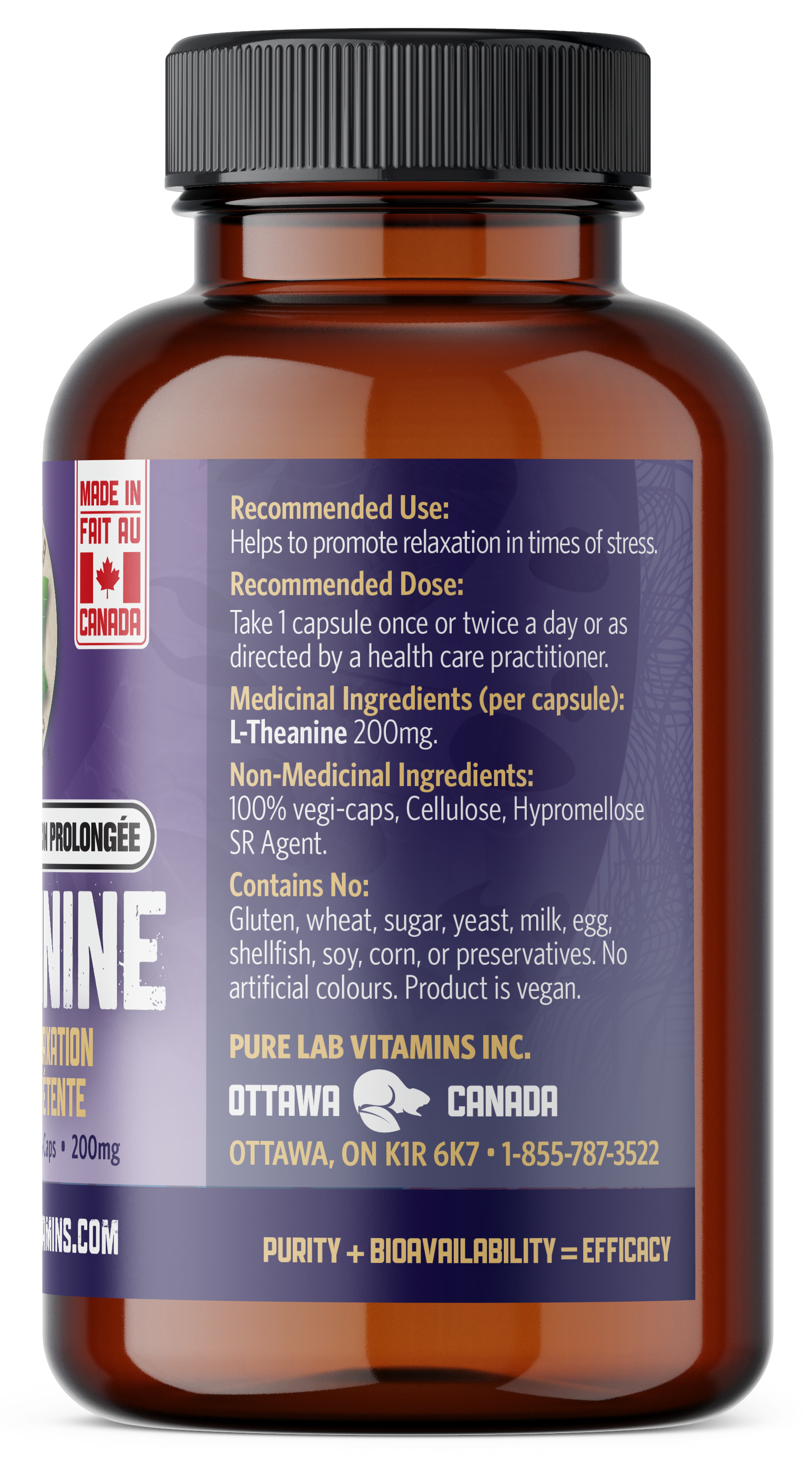 Brown supplement bottle with purple label on a white background