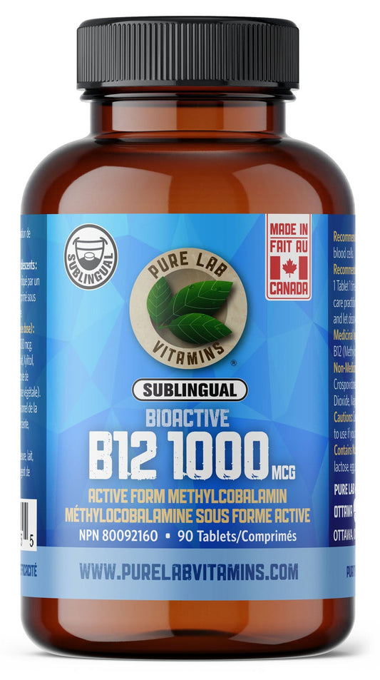 Bottle of Pure Lab Vitamins B12 supplement on a white background